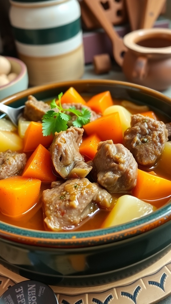 A hearty bowl of cabbage and meat stew with carrots and potatoes, garnished with parsley, set in a rustic kitchen.